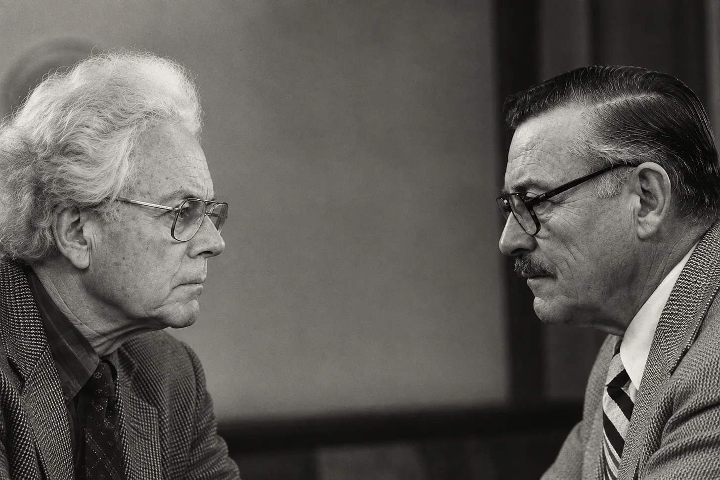 Dos economistas conversan frente a frente en una fotografía en blanco y negro